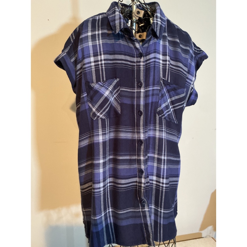 Mossimo Supply Co Womens Blue Purple Plaid Sleeveless Button Down Shirt Large